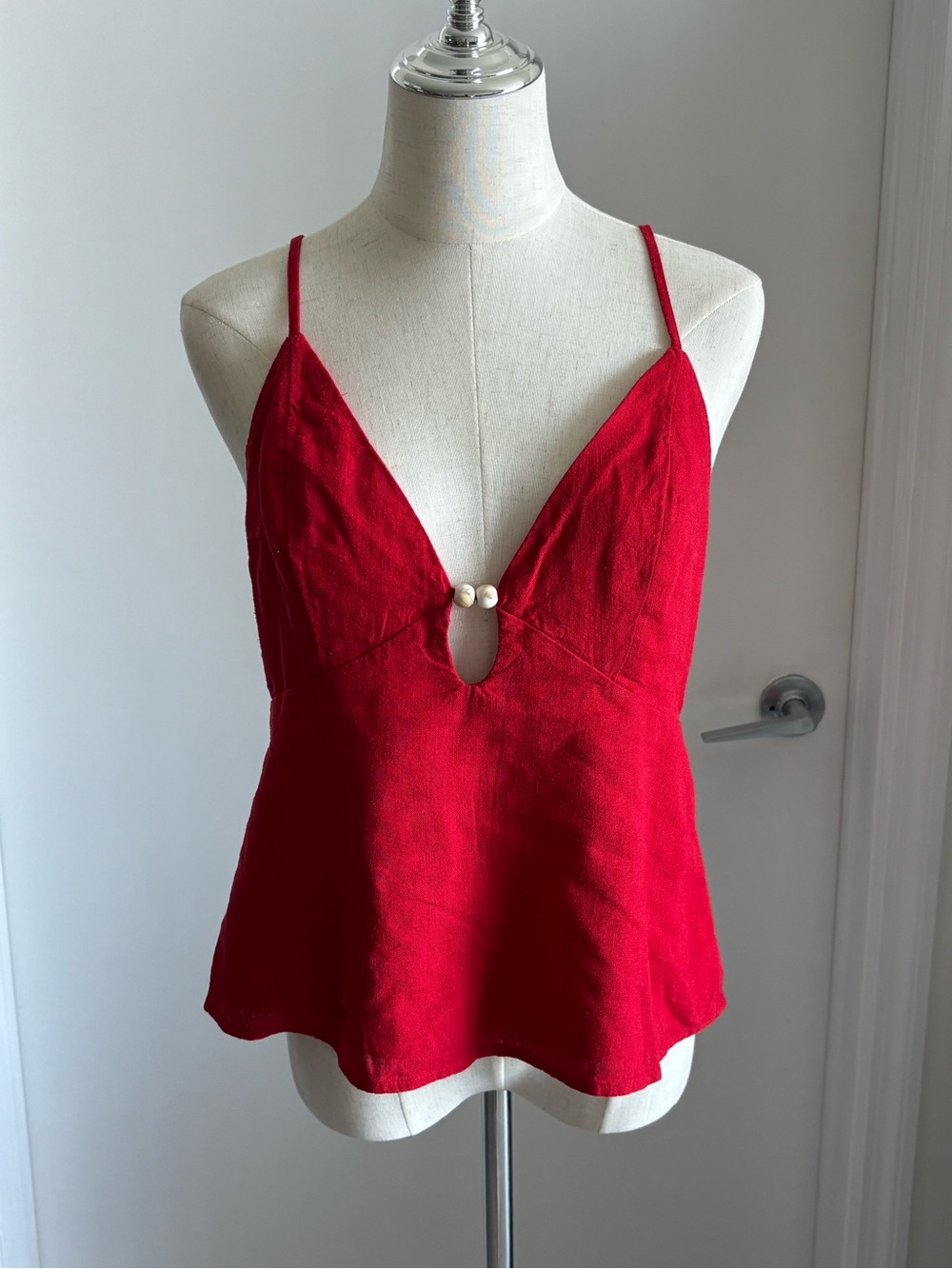 Abercrombie & Fitch Red V-Neck Spaghetti Strap Camisole with Pearl Detail